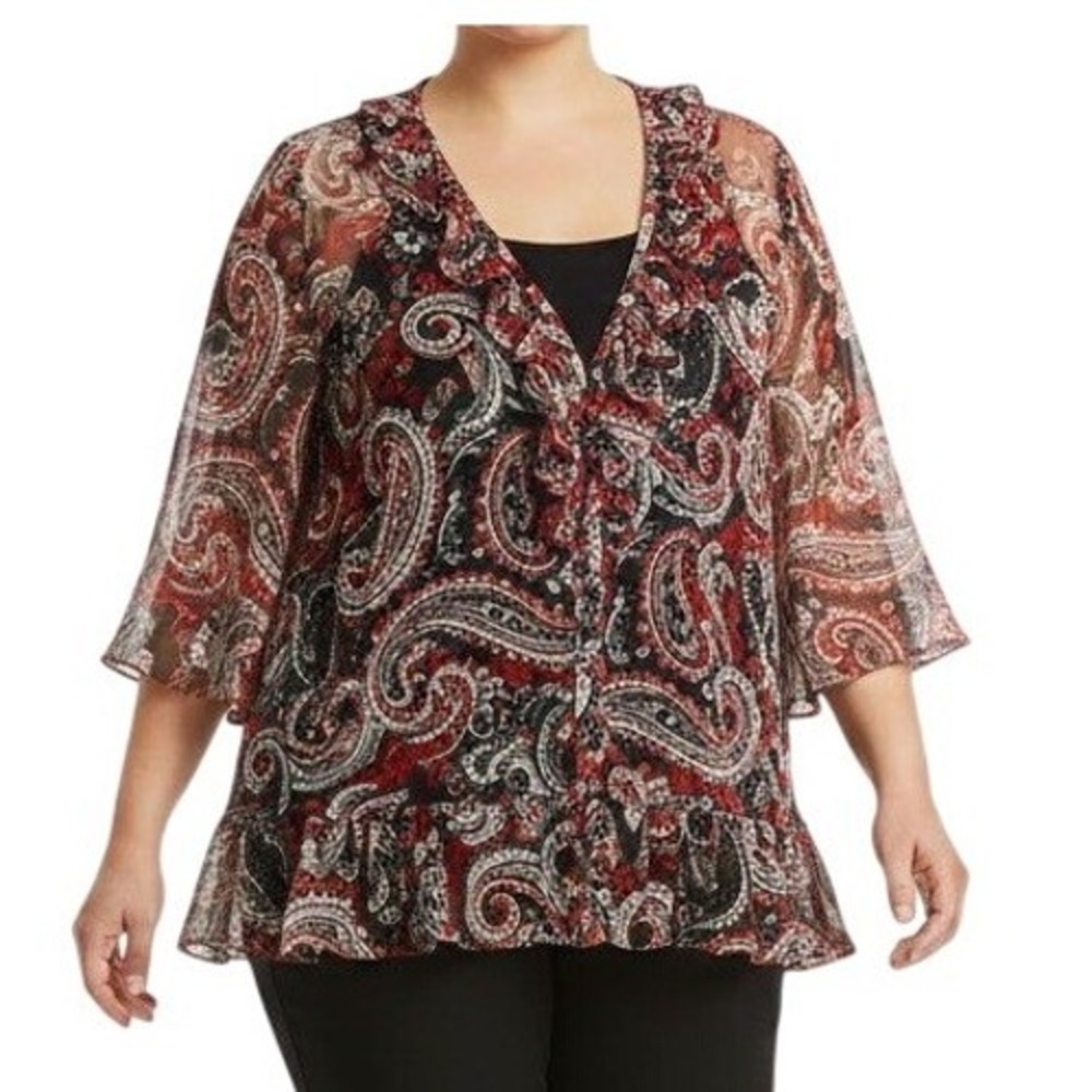 43 Studio 1940 Women's‎ Blouse Size 18/20 Paisley Sheer Ruffle Boho Flowy Top Lq